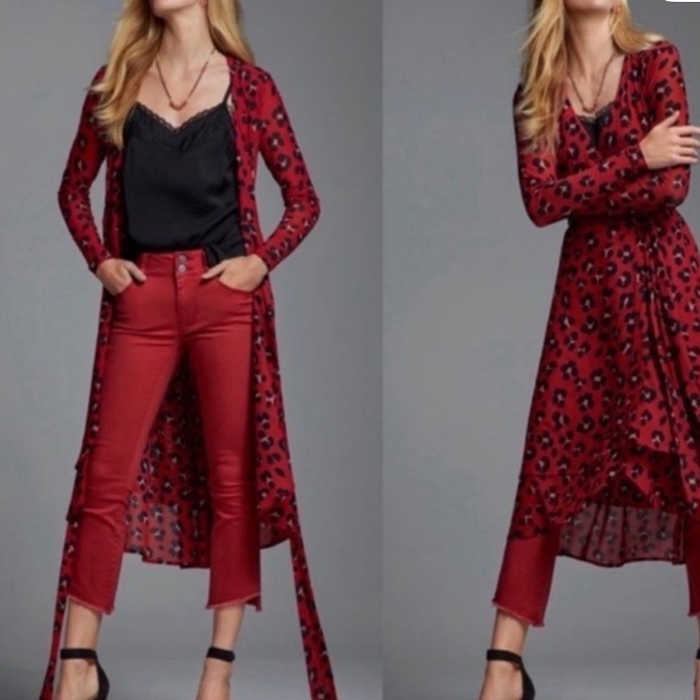 CAbi NWT M Red Savage Skin Leopard Siren Print Wrap-Style Long Sleeve Dress